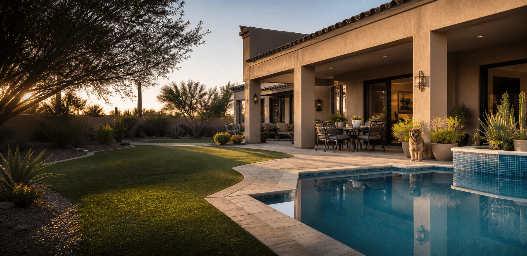 Arizona home with a pool, green yard and dog-friendly outdoor space
